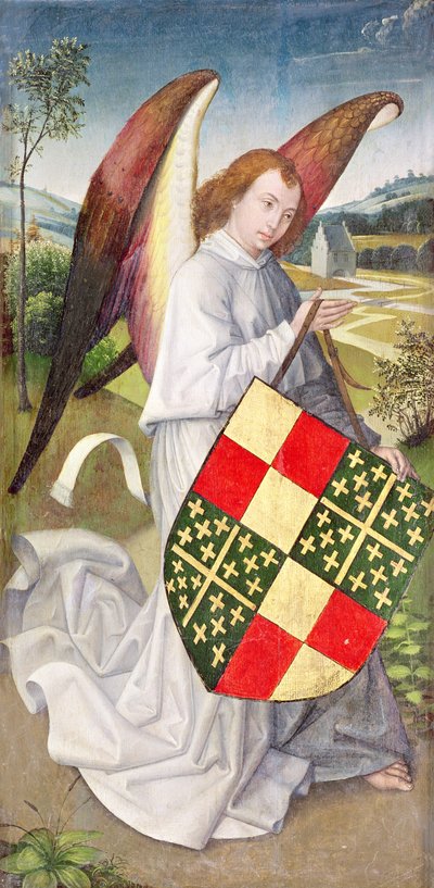 Angelo che tiene uno scudo con le armi araldiche dei de Chaugy e Montagu, 1460-66 da Rogier van der Weyden